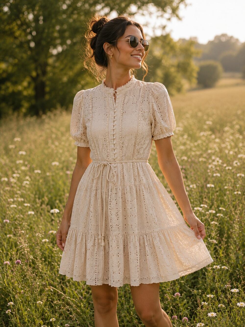 NWT Antonio Melani Bryn Cotton Eyelet Mini Dress Beige Sz 14